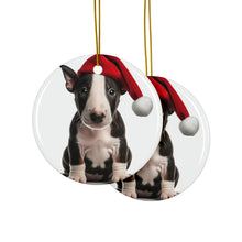 DistinctInk Hanging Ceramic Christmas Tree Ornament with Gold String - Great Gift/Present - 2 3/4 inch Diameter - Miniature Bull Terrier Puppy Design