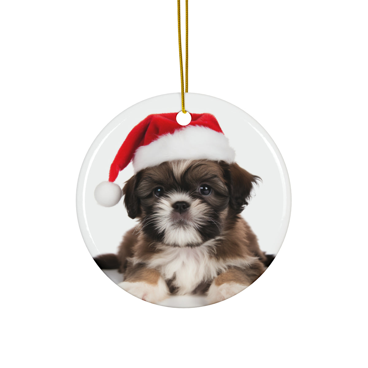 Hanging Ceramic Christmas Tree Ornament with Gold String - Shih Tzu Puppy Design