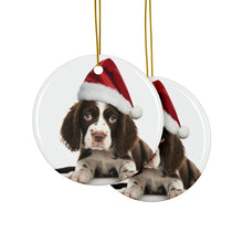 DistinctInk Hanging Ceramic Christmas Tree Ornament with Gold String - Great Gift/Present - 2 3/4 inch Diameter - English Springer Spaniel Puppy Design