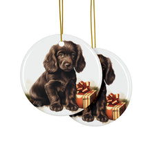 DistinctInk Hanging Ceramic Christmas Tree Ornament with Gold String - Great Gift/Present - 2 3/4 inch Diameter - Field Spaniel Puppy Drawing Design