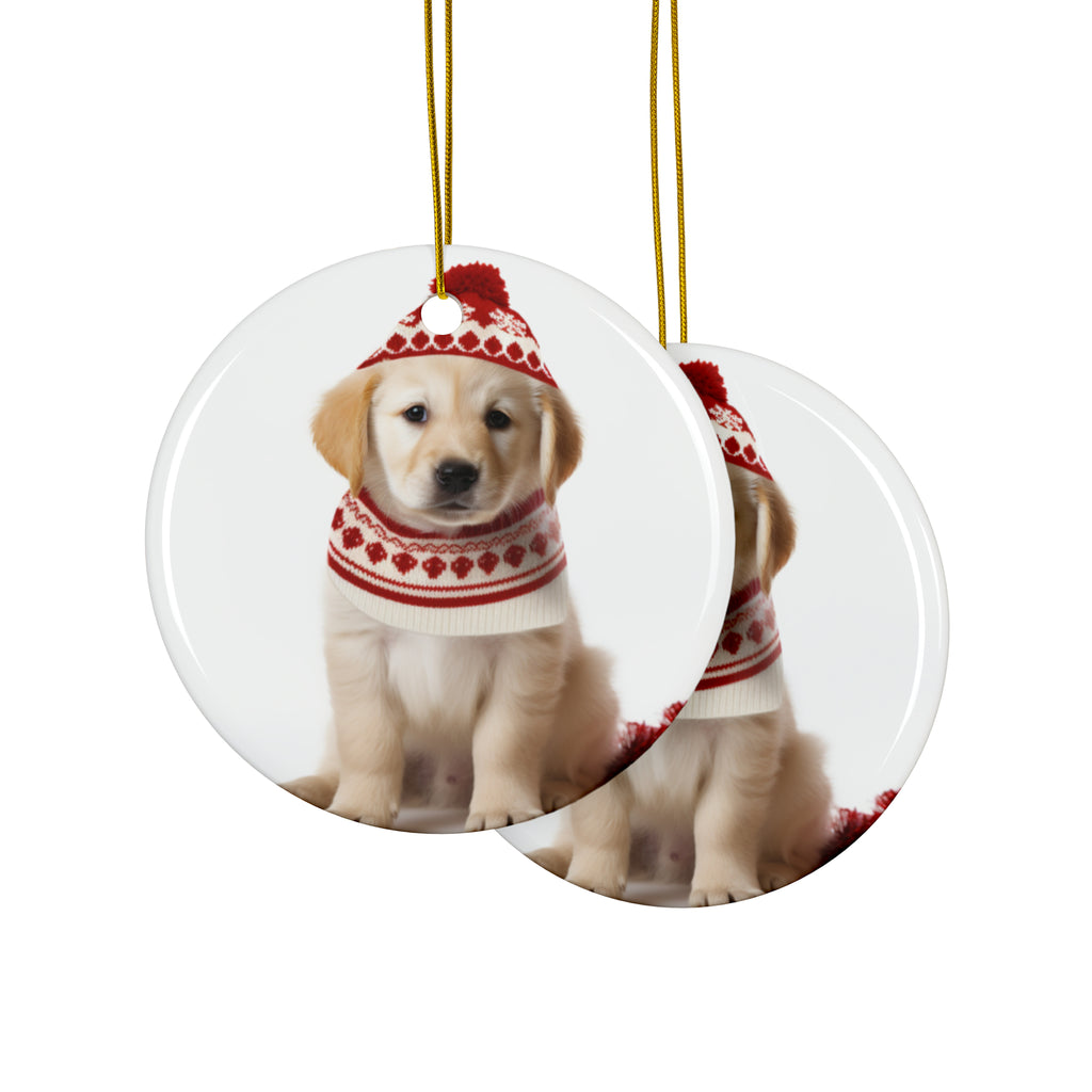 Hanging Ceramic Christmas Tree Ornament with Gold String - Kuvaszok Puppy Design, view 2