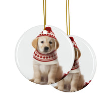 DistinctInk Hanging Ceramic Christmas Tree Ornament with Gold String - Great Gift/Present - 2 3/4 inch Diameter - Kuvaszok Puppy Design