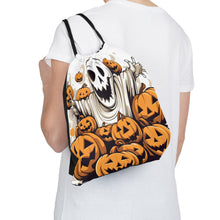 DistinctInk Drawstring Bag / Backpack with Ghostly Skeleton and Pumpkins Design for Halloween