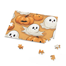 DistinctInk Jigsaw Puzzle with Ghostly Skeleton Pumpkin Patch Design for Halloween