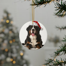 DistinctInk Hanging Ceramic Christmas Tree Ornament with Gold String - Great Gift/Present - 2 3/4 inch Diameter - Bernese Mountain Dog Design