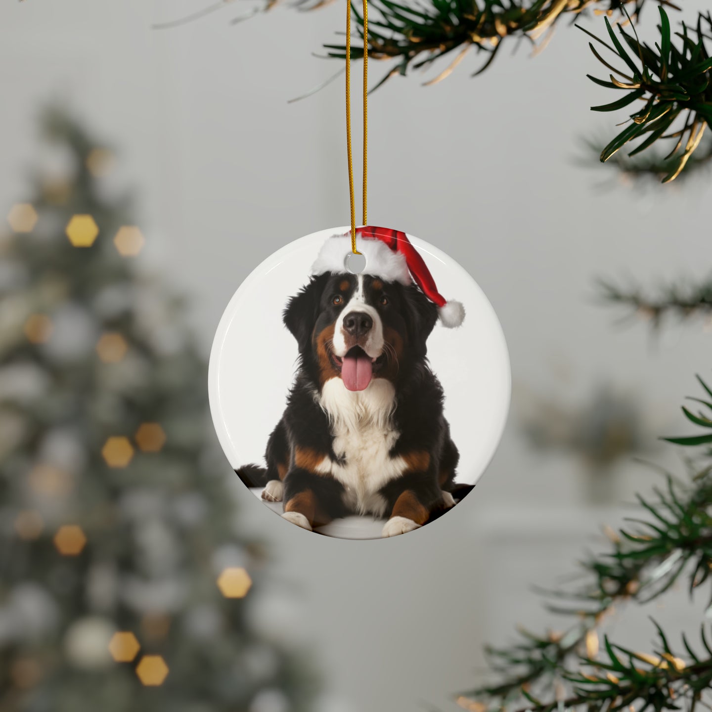DistinctInk Hanging Ceramic Christmas Tree Ornament with Gold String - Great Gift/Present - 2 3/4 inch Diameter - Bernese Mountain Dog Design