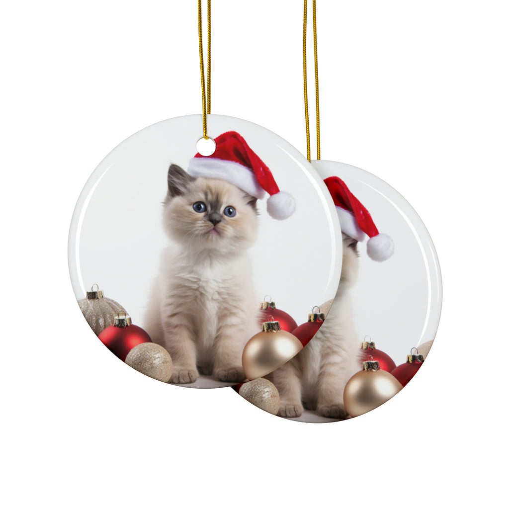 Hanging Ceramic Christmas Tree Ornament with Gold String - Balinese Kitten Design, view 2