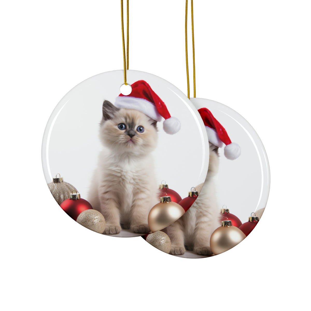Hanging Ceramic Christmas Tree Ornament with Gold String - Balinese Kitten Design, view 2