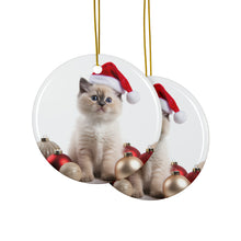 DistinctInk Hanging Ceramic Christmas Tree Ornament with Gold String - Great Gift/Present - 2 3/4 inch Diameter - Balinese Kitten Design