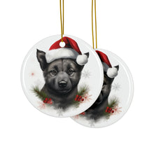DistinctInk Hanging Ceramic Christmas Tree Ornament with Gold String - Great Gift/Present - 2 3/4 inch Diameter - Norwegian Elkhound Puppy Drawing Design