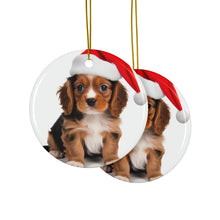 DistinctInk Hanging Ceramic Christmas Tree Ornament with Gold String - Great Gift/Present - 2 3/4 inch Diameter - Cavalier King Charle Spaniel Puppy Design