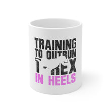 DistinctInk Glossy White Coffee / Tea Mug - Training to Outrun T-Rex in Heels
