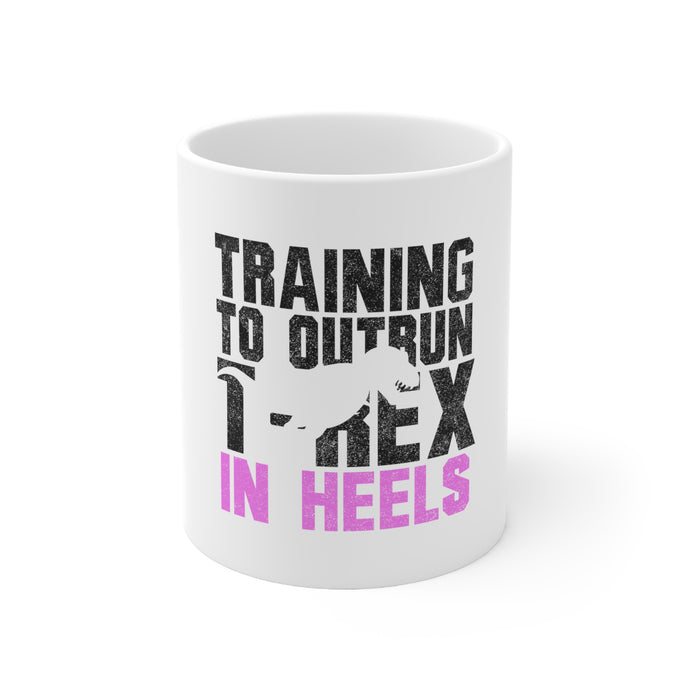 DistinctInk Glossy White Coffee / Tea Mug - Training to Outrun T-Rex in Heels