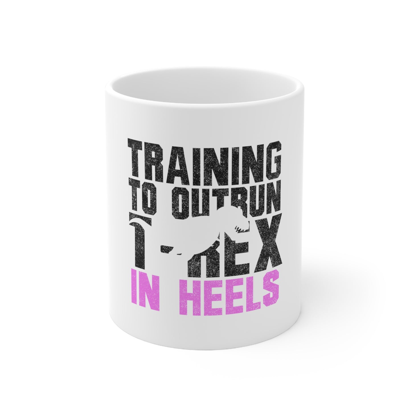 DistinctInk Glossy White Coffee / Tea Mug - Training to Outrun T-Rex in Heels