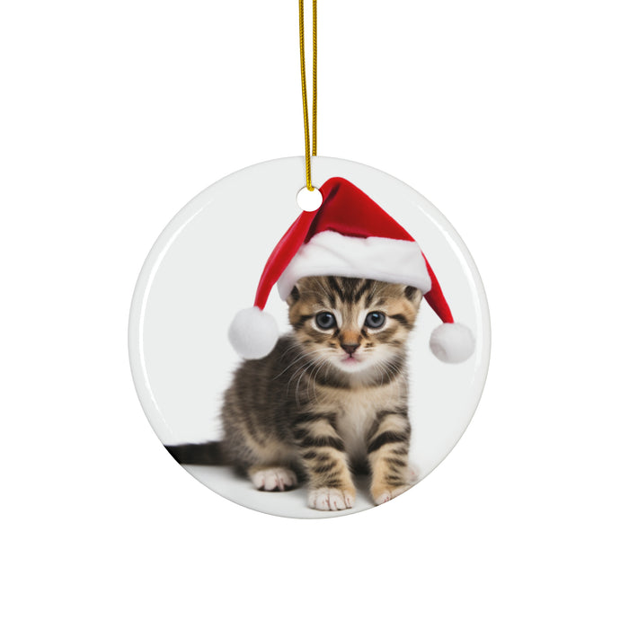 DistinctInk Hanging Ceramic Christmas Tree Ornament with Gold String - Great Gift/Present - 2 3/4 inch Diameter - American Wirehair Kitten Design