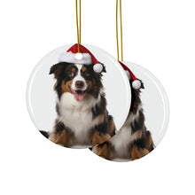 DistinctInk Hanging Ceramic Christmas Tree Ornament with Gold String - Great Gift/Present - 2 3/4 inch Diameter - Miniature American Shepherd Design