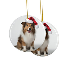 DistinctInk Hanging Ceramic Christmas Tree Ornament with Gold String - Great Gift/Present - 2 3/4 inch Diameter - Shetland Sheepdog Design