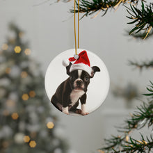 DistinctInk Hanging Ceramic Christmas Tree Ornament with Gold String - Great Gift/Present - 2 3/4 inch Diameter - Boston Terrier Puppy Design