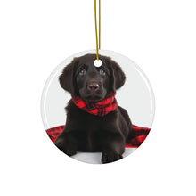 DistinctInk Hanging Ceramic Christmas Tree Ornament with Gold String - Great Gift/Present - 2 3/4 inch Diameter - Flat-Coated Retriever Puppy Design