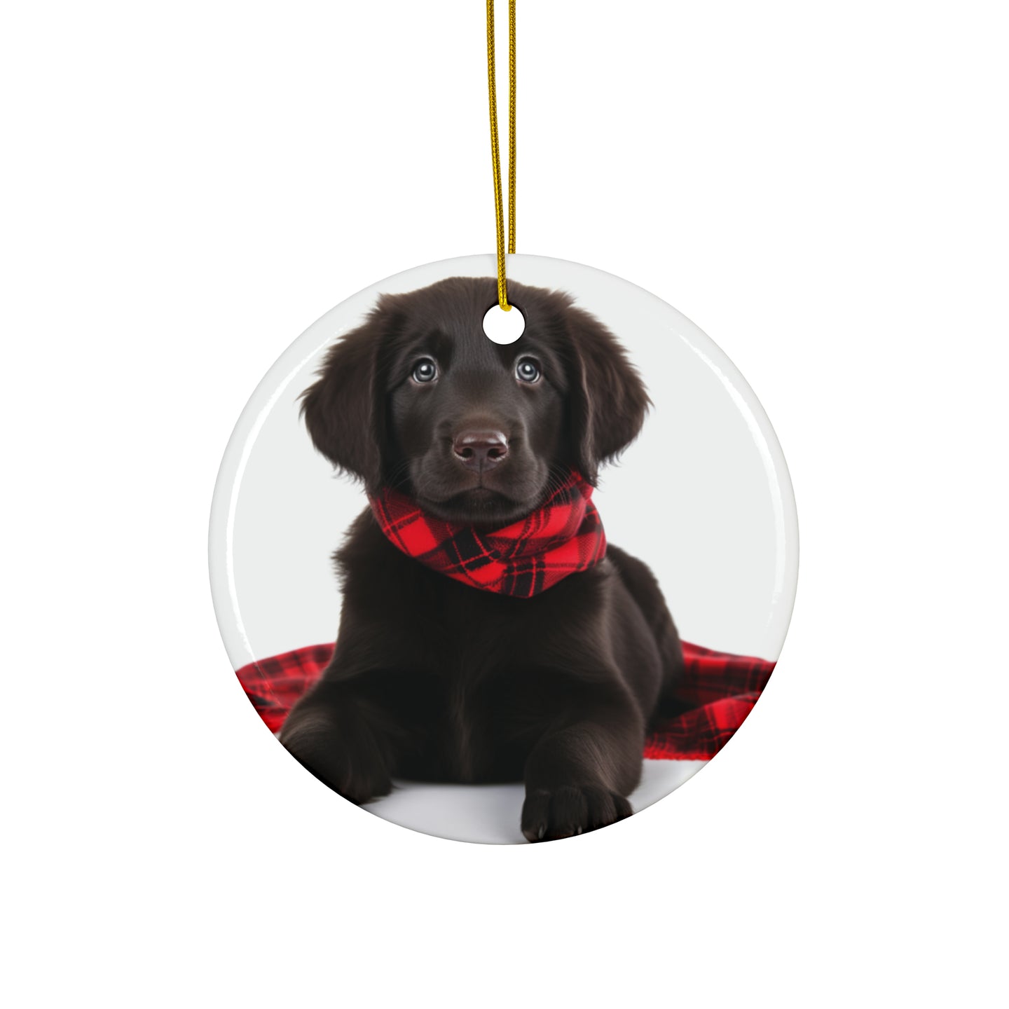 DistinctInk Hanging Ceramic Christmas Tree Ornament with Gold String - Great Gift/Present - 2 3/4 inch Diameter - Flat-Coated Retriever Puppy Design