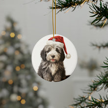 DistinctInk Hanging Ceramic Christmas Tree Ornament with Gold String - Great Gift/Present - 2 3/4 inch Diameter - Bergamasco Sheepdog Puppy Drawing Design