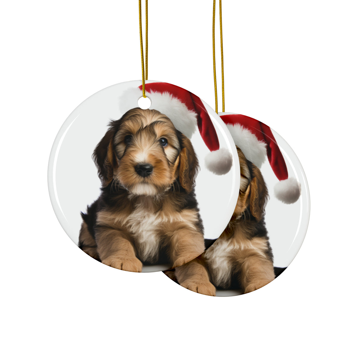 Hanging Ceramic Christmas Tree Ornament with Gold String - Otterhound Puppy Design, view 2