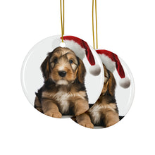 DistinctInk Hanging Ceramic Christmas Tree Ornament with Gold String - Great Gift/Present - 2 3/4 inch Diameter - Otterhound Puppy Design