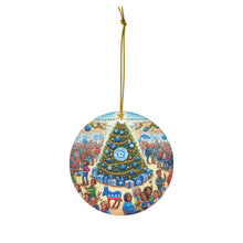 DistinctInk Hanging Ceramic Christmas Tree Ornament Charm with Gold String - Great Gift/Present - 2 3/4 inch Diameter - Democratic Holiday Spirit