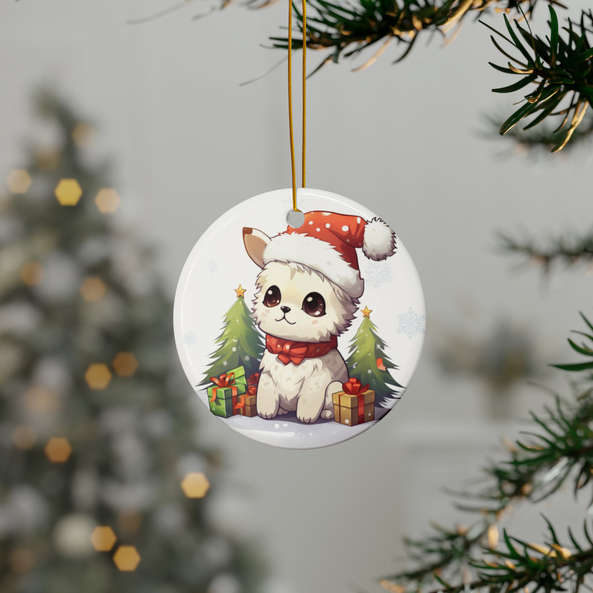 Hanging Ceramic Christmas Tree Ornament with Gold String - Pumik Design, view 3