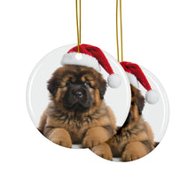 DistinctInk Hanging Ceramic Christmas Tree Ornament with Gold String - Great Gift/Present - 2 3/4 inch Diameter - Tibetan Mastiff Puppy Design