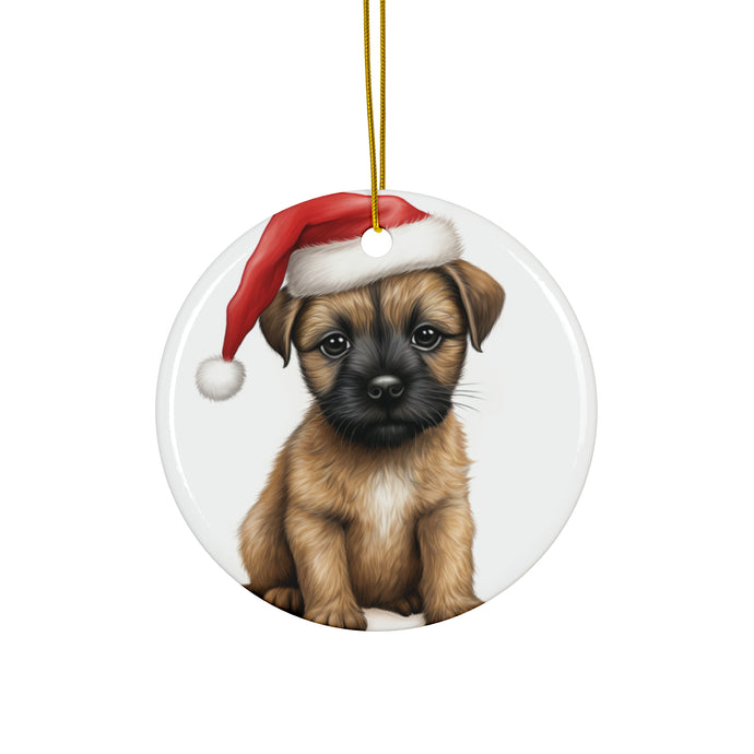 DistinctInk Hanging Ceramic Christmas Tree Ornament with Gold String - Great Gift/Present - 2 3/4 inch Diameter - Border Terrier Puppy Drawing Design