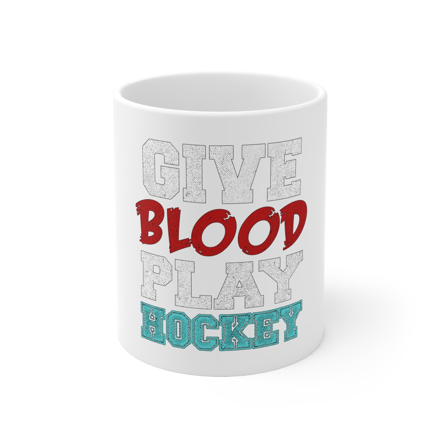 DistinctInk Glossy White Coffee / Tea Mug - Give Blood Play Hockey