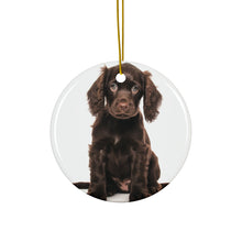 DistinctInk Hanging Ceramic Christmas Tree Ornament with Gold String - Great Gift/Present - 2 3/4 inch Diameter - Boykin Spaniel Puppy Design
