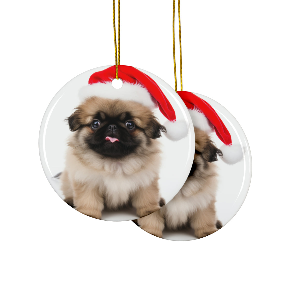 Hanging Ceramic Christmas Tree Ornament with Gold String - Pekingese Puppy Design, view 2