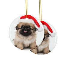 DistinctInk Hanging Ceramic Christmas Tree Ornament with Gold String - Great Gift/Present - 2 3/4 inch Diameter - Pekingese Puppy Design