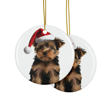 DistinctInk Hanging Ceramic Christmas Tree Ornament with Gold String - Great Gift/Present - 2 3/4 inch Diameter - Silky Terrier Puppy Design