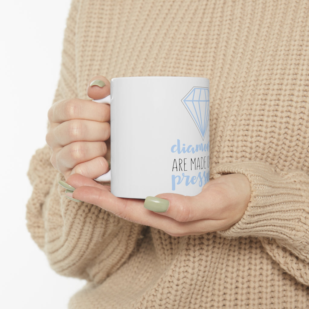 Glossy White Coffee / Tea Mug - Diamonds Are Made Under Pressure, view 10