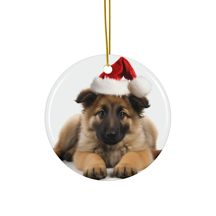DistinctInk Hanging Ceramic Christmas Tree Ornament with Gold String - Great Gift/Present - 2 3/4 inch Diameter - Belgian Tervuren Puppy Design