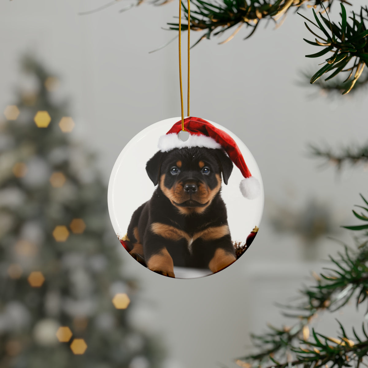 Hanging Ceramic Christmas Tree Ornament with Gold String - Rottweiler Puppy Design, view 3