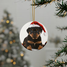 DistinctInk Hanging Ceramic Christmas Tree Ornament with Gold String - Great Gift/Present - 2 3/4 inch Diameter - Rottweiler Puppy Design