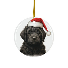 DistinctInk Hanging Ceramic Christmas Tree Ornament with Gold String - Great Gift/Present - 2 3/4 inch Diameter - Black Russian Terrier Puppy Drawing Design