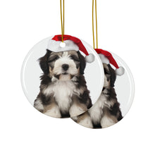 DistinctInk Hanging Ceramic Christmas Tree Ornament with Gold String - Great Gift/Present - 2 3/4 inch Diameter - Polish Lowland Sheepdog Puppy Design