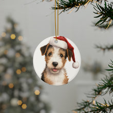 DistinctInk Hanging Ceramic Christmas Tree Ornament with Gold String - Great Gift/Present - 2 3/4 inch Diameter - Wire Fox Terrier Puppy Drawing Design