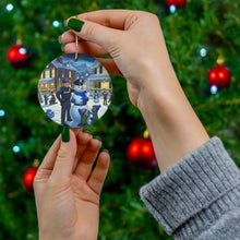 DistinctInk Hanging Ceramic Christmas Tree Ornament Charm with Gold String - Great Gift/Present - 2 3/4 inch Diameter - Neighborhood Blue Holiday - Blue Lives Matter