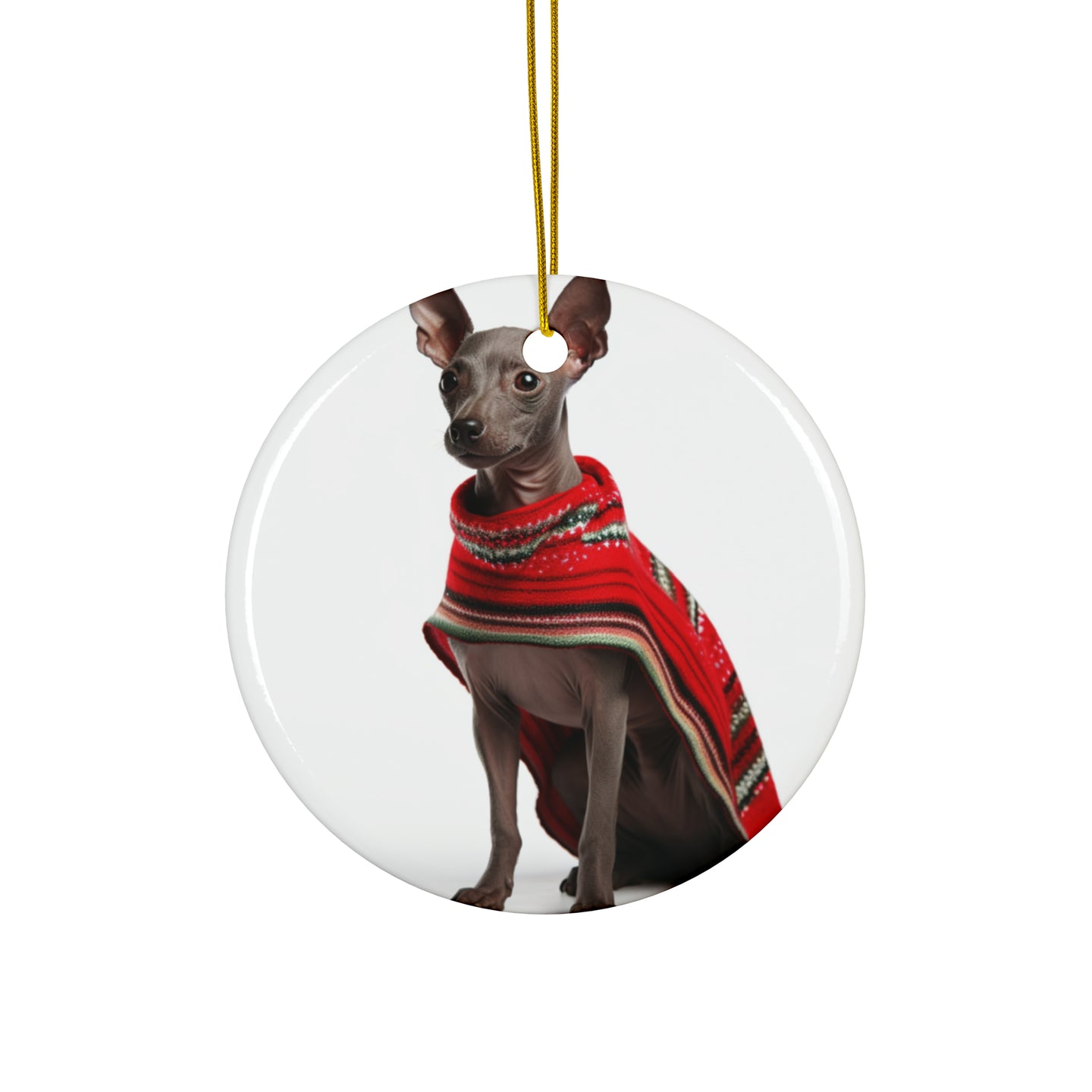 DistinctInk Hanging Ceramic Christmas Tree Ornament with Gold String - Great Gift/Present - 2 3/4 inch Diameter - Xoloitzcuintli Design