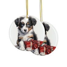 DistinctInk Hanging Ceramic Christmas Tree Ornament with Gold String - Great Gift/Present - 2 3/4 inch Diameter - Miniature American Shepherd Puppy Drawing Design