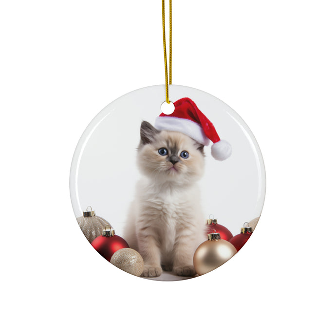 DistinctInk Hanging Ceramic Christmas Tree Ornament with Gold String - Great Gift/Present - 2 3/4 inch Diameter - Balinese Kitten Design
