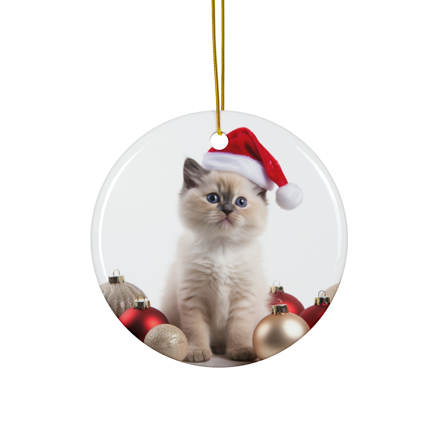 DistinctInk Hanging Ceramic Christmas Tree Ornament with Gold String - Great Gift/Present - 2 3/4 inch Diameter - Balinese Kitten Design