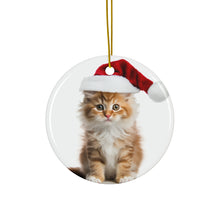 DistinctInk Hanging Ceramic Christmas Tree Ornament with Gold String - Great Gift/Present - 2 3/4 inch Diameter - LaPerm Cat Design