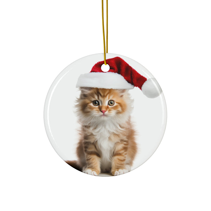 DistinctInk Hanging Ceramic Christmas Tree Ornament with Gold String - Great Gift/Present - 2 3/4 inch Diameter - LaPerm Cat Design